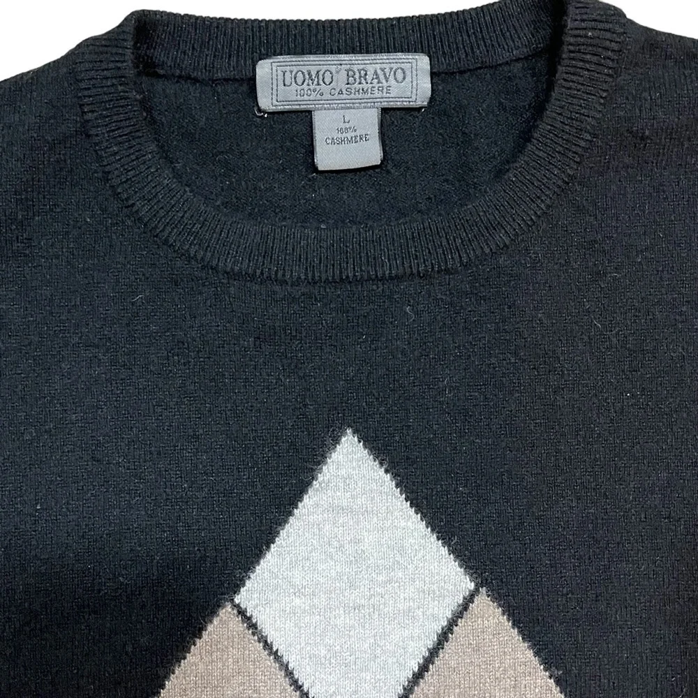 Men’s Uomo Bravo Cashmere Sweater Black Argyle Crew Neck Long Sleeve Pullover - Picture 3 of 11